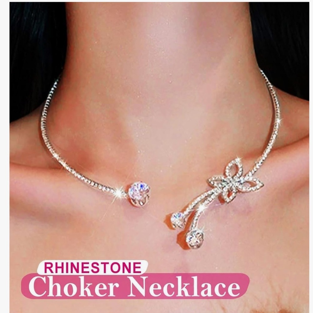Rhinestone Butterfly Choker Necklace Silver Crystal Necklaces Chain Sparkly